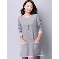 丝柏舍 2017秋冬季新款女装韩版圆领修身口袋中长款针织连衣裙046529