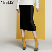 Neelly纳俪2017冬装新款纯色女裙百搭修身显瘦A字裙半身裙百褶裙_1