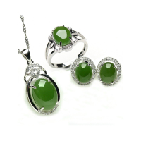 帛兰梓韵 天然玉石和田碧玉三件套s925银镶嵌和田玉戒指吊坠耳钉套装套组