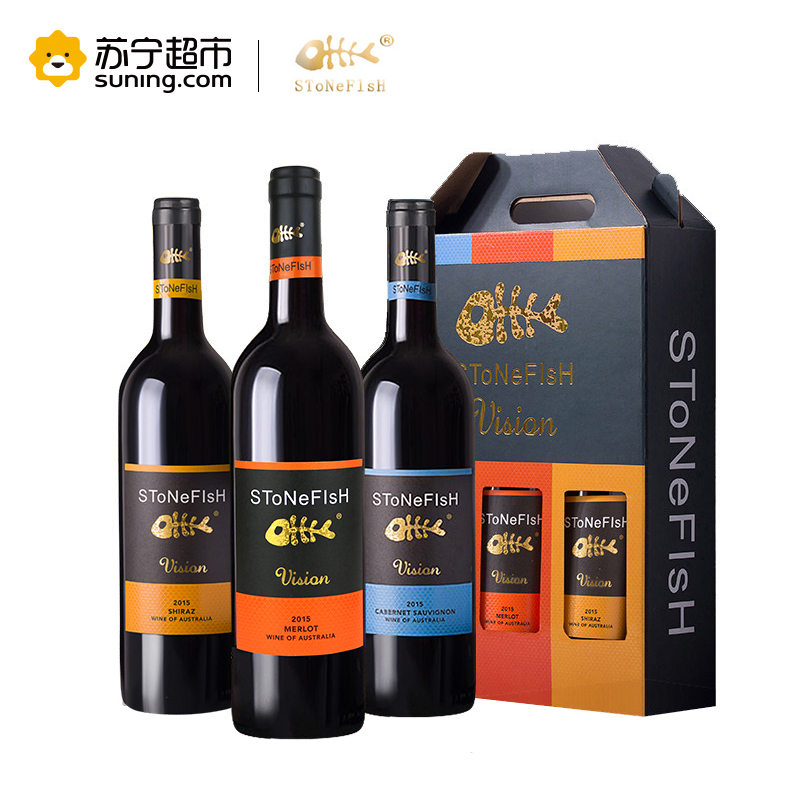 [苏宁超市] 澳洲原瓶进口红酒 石鱼奇幻系列干红750ML*3 礼盒装