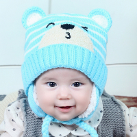 milky friends韩版冬季子可爱熊护耳儿童加绒毛线帽男女通用儿童帽宝宝帽1-2岁