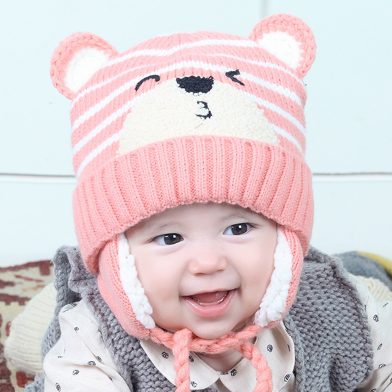 milky friends韩版冬季子可爱熊护耳儿童加绒毛线帽男女通用儿童帽宝宝帽1-2岁