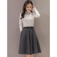 丝柏舍2018年秋季日韩风纯色长袖上衣搭格子半身裙女士套装S73R0093N