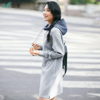 茵曼2017冬装新款文艺范连帽落肩袖卫衣裙连衣裙中长裙1874101224