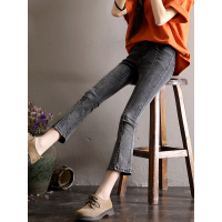 轩兹喇叭裤女秋冬2017新款韩版高腰九分裤学生开叉牛仔微喇裤显瘦