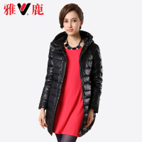 雅鹿女轻薄连帽中长款秋羽绒服纯色保暖羽绒衣修身外套F137170