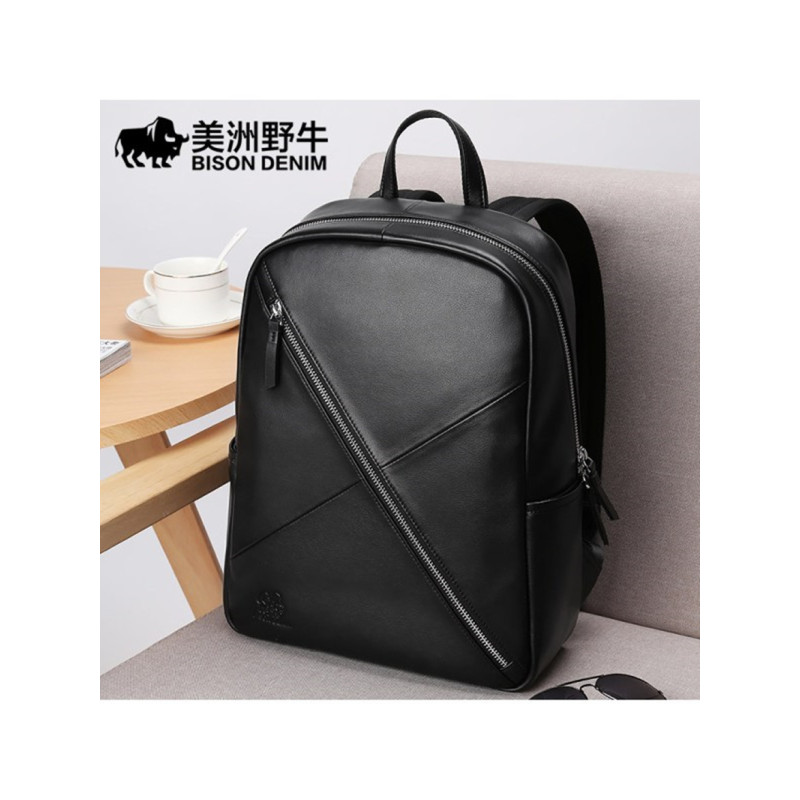 美洲野牛双肩包男真皮韩版学院风双肩背包牛皮大容量旅行包电脑包 黑