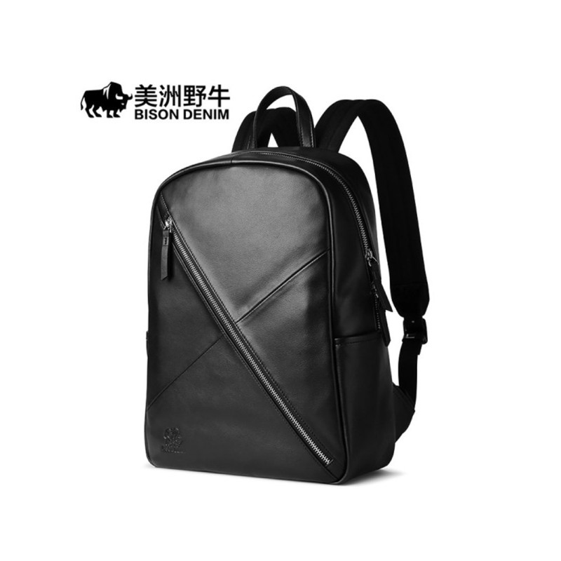 美洲野牛双肩包男真皮韩版学院风双肩背包牛皮大容量旅行包电脑包 黑