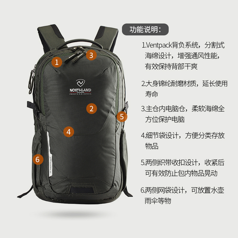 NORTHLAND/诺诗兰 户外登山旅行徒步双肩包30L