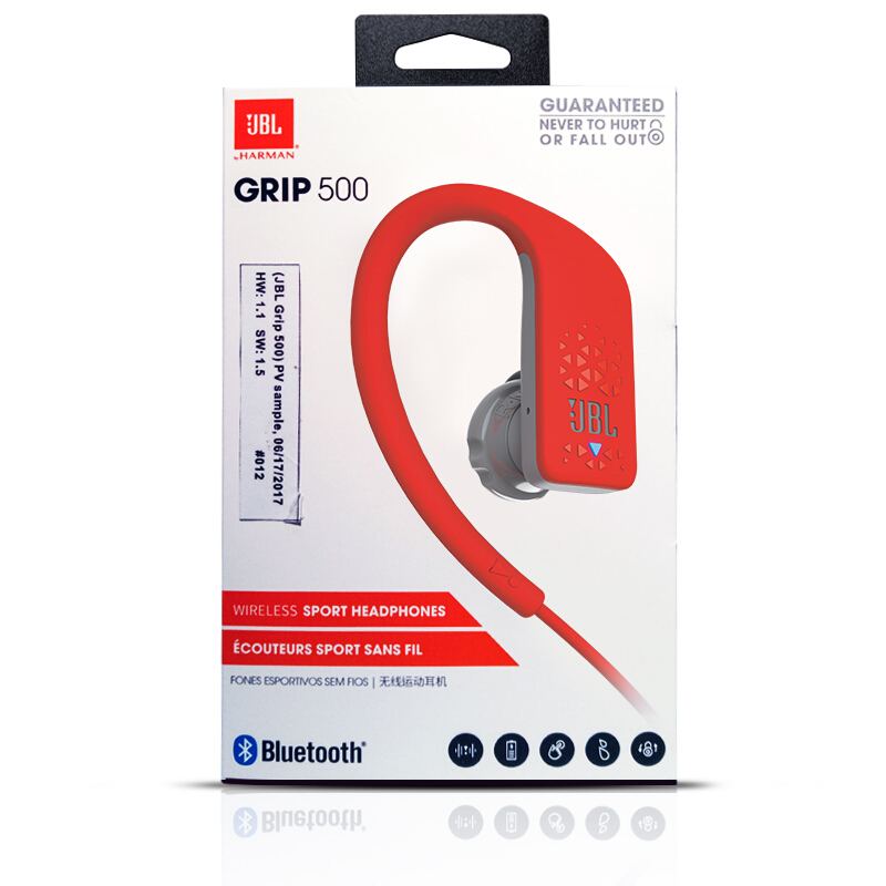 JBL Grip 500 无线蓝牙 耳挂入耳式耳机 运动耳机 手机耳机 音乐耳机 带触摸设计 防汗防脱落 红色