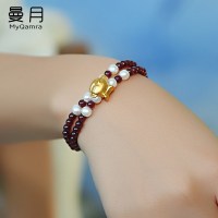 石榴石3D硬足金本命年十二生肖猪黄金手链 女红绳生日礼物送女友