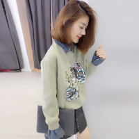 BOBOWALTZ秋冬装女2017新款欧货 韩版印花拼牛仔假两件卫衣上衣B172f2338p1202