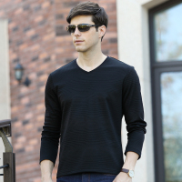 花花公子贵宾t恤衫男V领 纯色打底针织衫 修身毛衣男装长袖T恤男A177863黑色