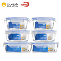 青苹果玻璃保鲜盒大容量耐热便当盒微波炉加热饭盒玻璃碗套装六件套EP03-6-1
