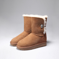 阿么2017秋冬中筒女雪地靴羊皮毛一体韩版女靴平底纽扣翻边保暖鞋
