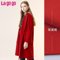 Lagogo2017冬季新款女装长袖双面呢大衣喇叭袖毛呢外套81.2%羊毛