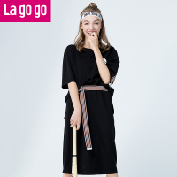 Lagogo/拉谷谷2017秋季新款圆领宽松T恤纯色时尚半身裙两件套女装