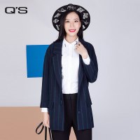 Q&rsquo;S/秸熙女装2017冬装新款简约竖条纹翻领呢料大衣外套JAC1A3