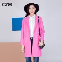 Q&rsquo;S/秸熙女装2017冬装新款纯色中长款刺绣呢料大衣外套JAC1H1