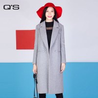 Q&rsquo;S/秸熙女装2017冬装新款韩版纯色翻领中长款呢料大衣JAC1A4