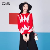 Q&rsquo;S/秸熙女装2017冬装新品舒适圆领几何图案套头针织毛衣JAC912