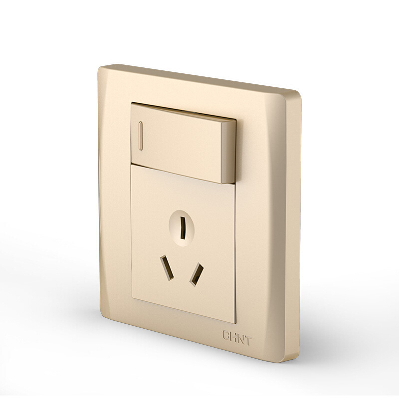 正泰chnt开关插座一开单控三孔插座面板16a大功率墙壁电源插座香槟金