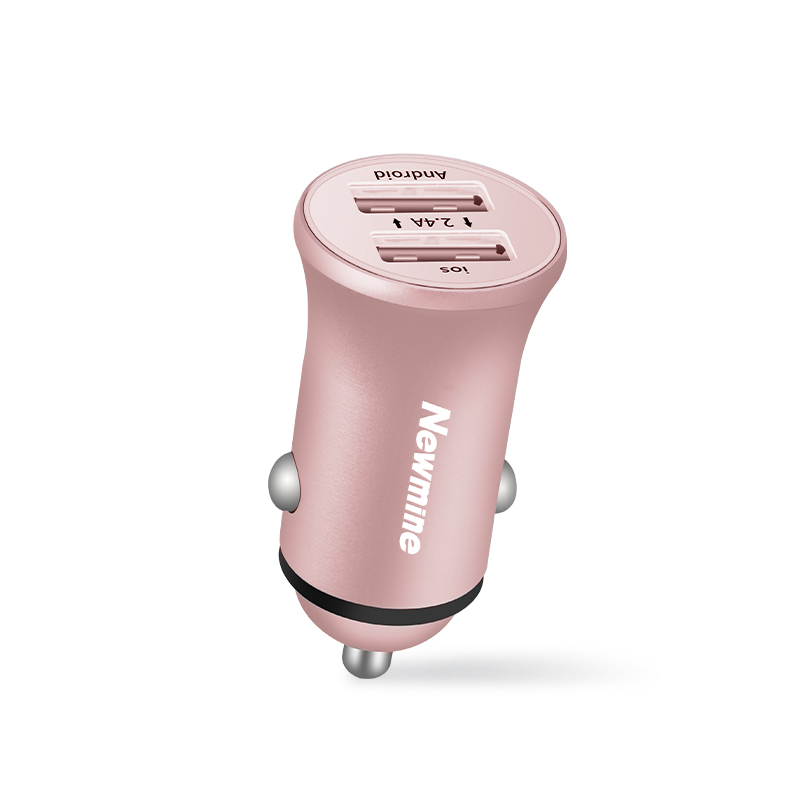 纽曼(Newmine)国产车载充电器HC15玫金色金属机身智能分流12-24V 双USB接口 2.4A快充 车充