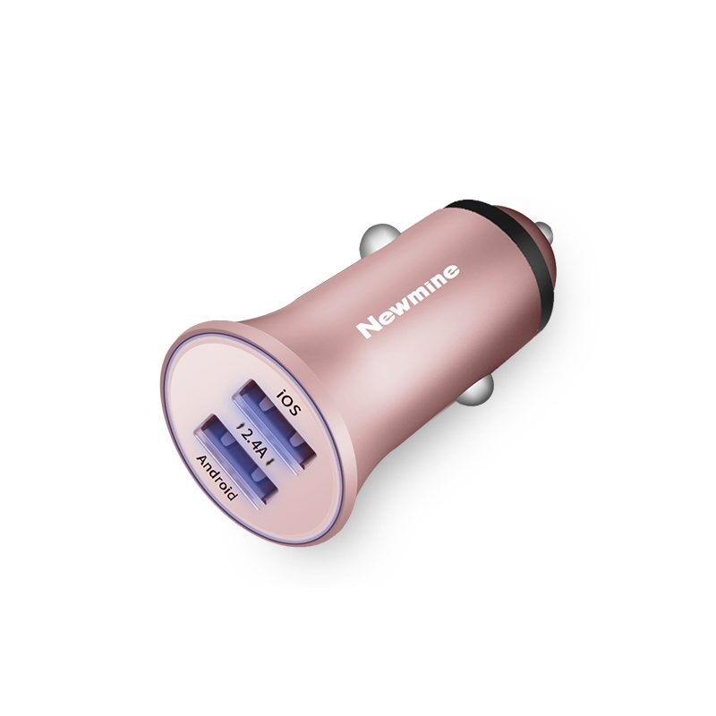 纽曼(Newmine)国产车载充电器HC15玫金色金属机身智能分流12-24V 双USB接口 2.4A快充 车充
