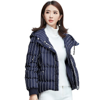 蓝底白条连帽面包服字母印花羽绒服外套
