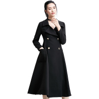 尚都比拉冬季中长款过膝收腰双排扣黑色连衣裙摆风衣外套
