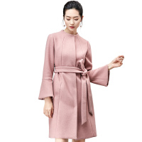 尚都比拉冬季藕粉色通勤修身圆领微喇叭长袖系带女款大衣