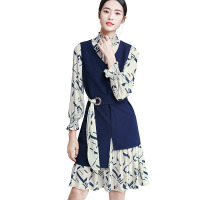 不规则马甲外套+几何印花半高领连衣裙女装套装