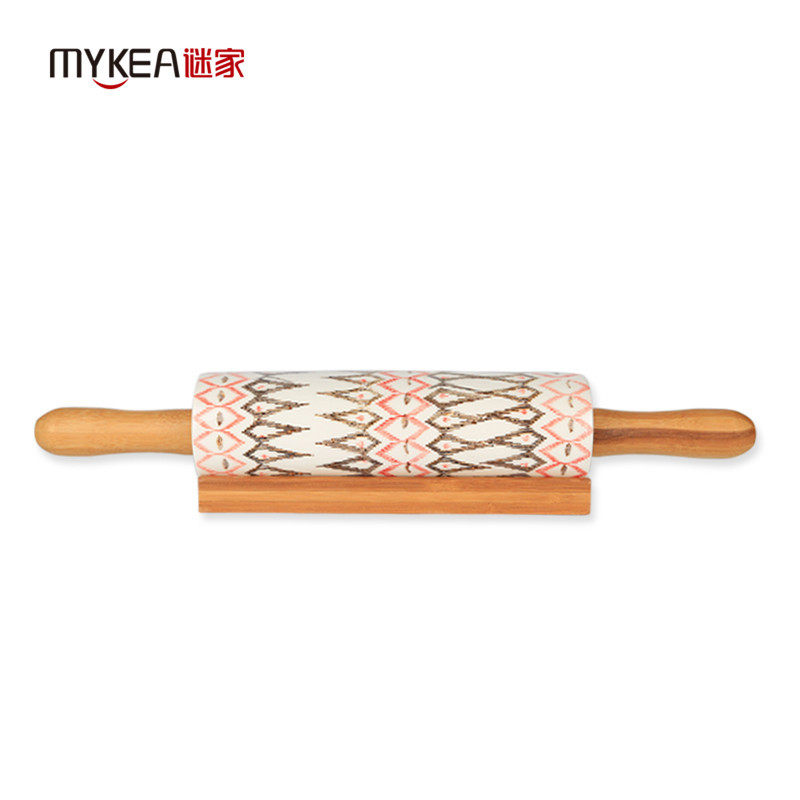 谜家陶瓷擀面杖两头尖压面棍饺子皮擀面棍杆烘焙厨房用品竹木手柄染棠
