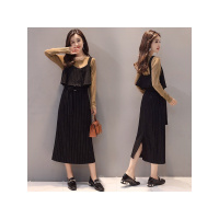 琉璃繁缕韩版潮流时尚开叉吊带条纹两件套套装/套裙2017年秋季