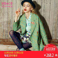 冬装单排包布扣刺绣女复古学院呢子大衣欧美毛呢外套女中长542995