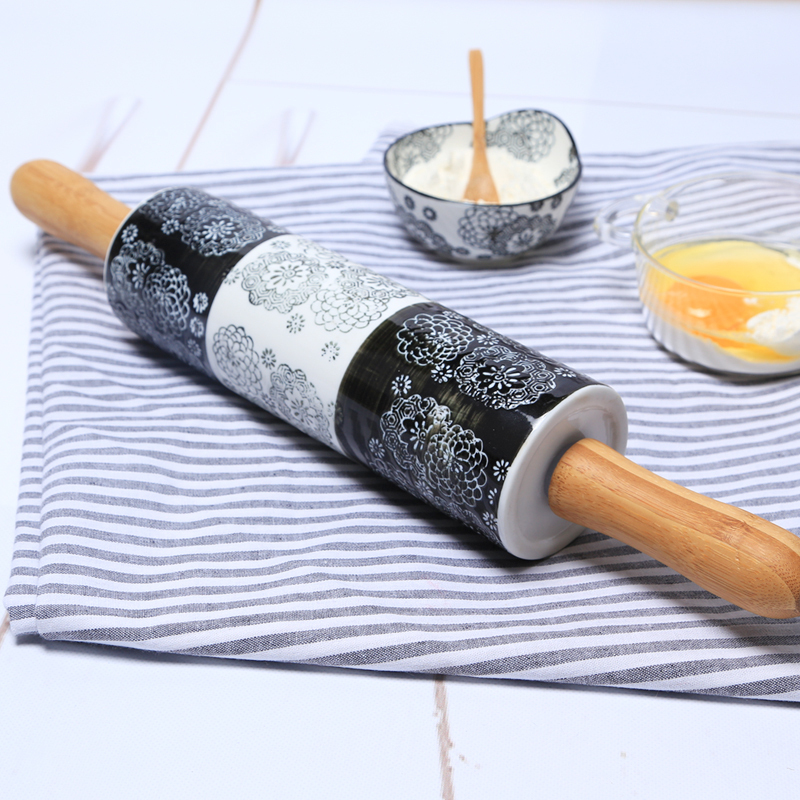 谜家陶瓷擀面杖两头尖压面棍饺子皮擀面棍杆烘焙厨房用品竹木手柄 黑白