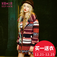 冬装女士欧美条纹翻领呢子大衣复古波普毛呢外套女中长款542021