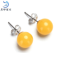 月印百川 925银镶嵌琥珀蜜蜡圆珠耳钉 耳环