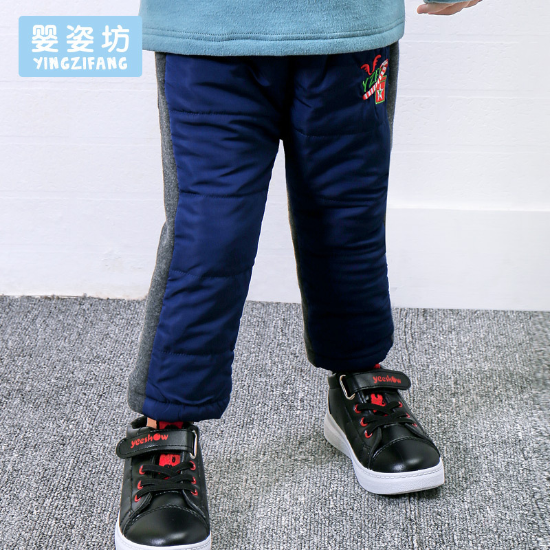 婴姿坊冬季男童夹棉休闲裤可开裆拼色松紧长裤儿童新款韩版宽松棉裤 80-120cm 1-5岁