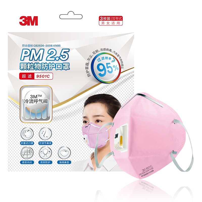 3M 9501C口罩 冬季防尘 防雾霾 PM2.5口罩 易呼吸 粉色口罩9只