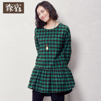 春秋装女裙子宽松复古文艺荷叶边休闲棉格子连衣裙短裙547298_1