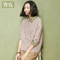 春秋装女士宽松套头甜美衬衣娃娃衫复古棉麻格子衬衫女544573