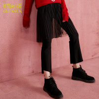 秋装2017新款网纱拼接松紧腰微喇叭裤九分黑色休闲裤女-738072_2