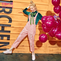 宽松破洞背带裤秋装2017新款亮片学院风纯棉九分裤休闲裤女738014