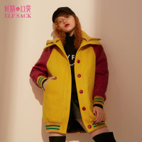 冬装2017新撞色螺纹拼接单排扣中长款毛呢外套大衣女742020