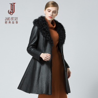 经典故事女装2017冬季新款羊毛领皮衣女士修身绵羊皮A型大衣外套