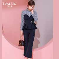 洛诗琳2017秋装新款女时尚条纹OL气质套装裹胸式上衣喇叭裤两件套