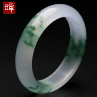 印象眸 石英岩质玉女款手镯 女款时尚飘花翠绿宽条镯子