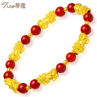 蒂蔻 T0185 六六大顺招财貔貅黄金手链女款本命年足金转运珠红玛瑙手串3D硬金首饰生日礼物送老婆