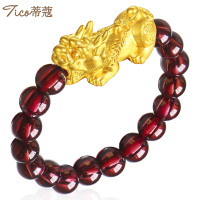 蒂蔻 T0221招财貔貅黄金戒指女士款3D硬金石榴石指环自戴生日礼物送老婆送女朋友